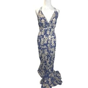Romesa Blue & White women's Floral‎ Halter Maxi Sundress Size L Boho Resort wear